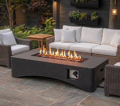 KEIKI 56" Rectangular Propane Gas Fire Pit Table, 50,000 BTU Modern Outdoor Concrete Fire Table with Lava Rocks, Waterproof Cover, Tank Seat, No Assembly for Patio Backyard Deck, Dark Grey