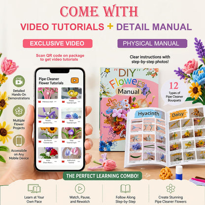 Missicee 800 PCS Pipe Cleaner Flower Kit, DIY Pipe Cleaners Bulk Craft Bouquet Making Kit with 13 Colors Chenille Stems, Floral Wires, Stamen, Ribbon, Instruction, Art and Craft Supplies