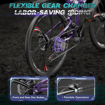 MarKnig 26 Inch Adult Folding Bikes/Mountain Bikes, 21 Speeds Mountain Bicycles with Full Suspension, Dual Disc Brake, High Carbon Steel Frame, Foldable Bike for Men/Women/Teen, HM-Purple