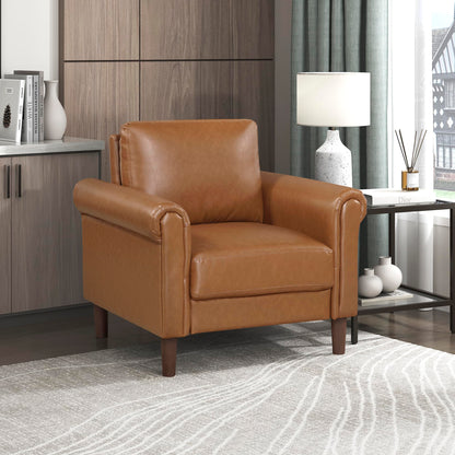 Lexicon 35" W Living Room Accent Chair, Faux Leather Upholstered Armchair with Rolled Armrest for Bedroom/Office/Waiting Room, Single Sofa Chair, Brown