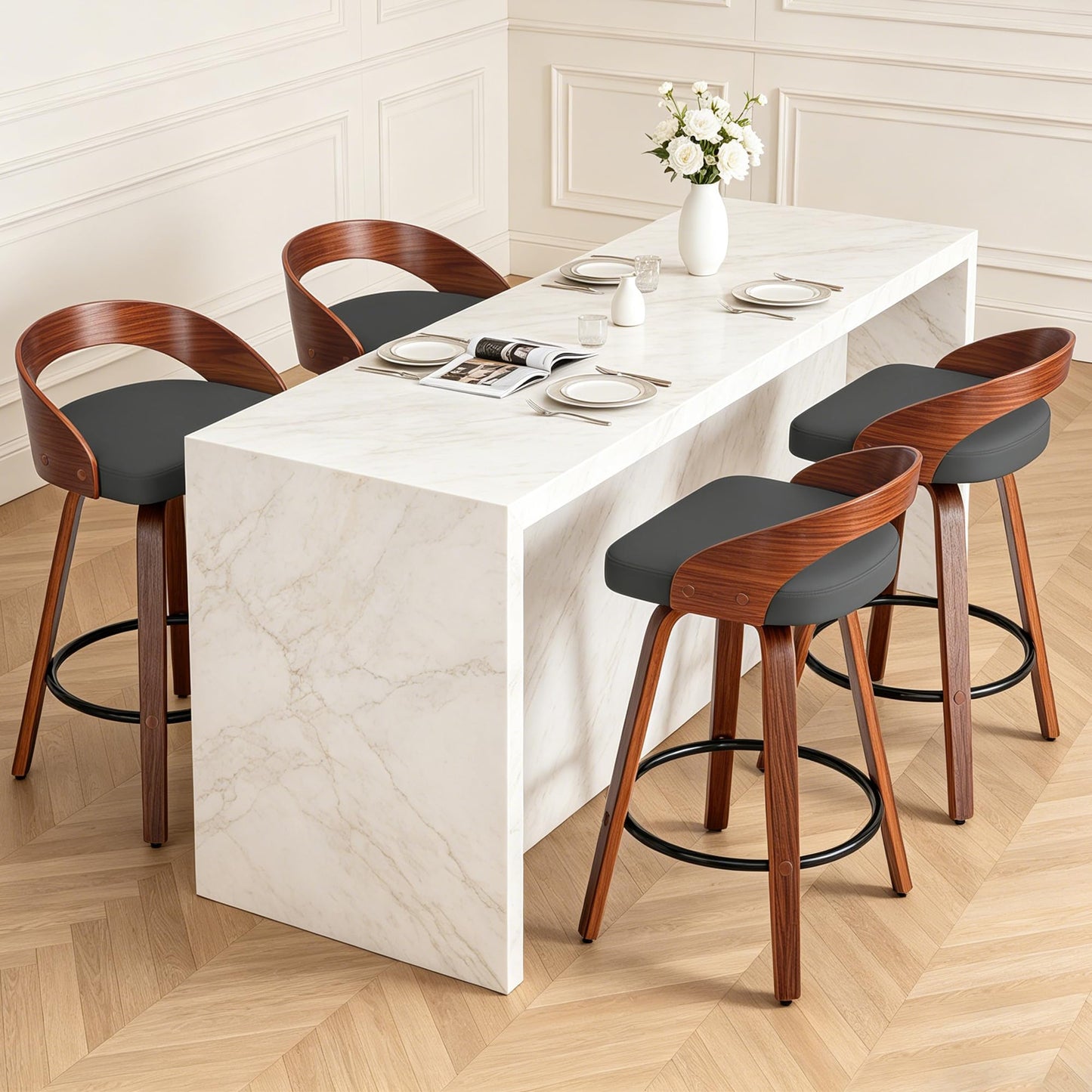 Phent zari Swivel Bar Stools, Mid Century Modern Bar Chairs Island Stools for Kitchen Counter, 25" Upholstered Faux Leather Counter Height Barstools with Walnut Back & Bentwood Legs (4, Grey)