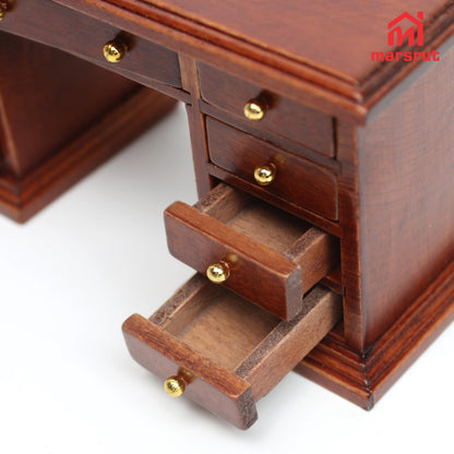 1/12 Scale Wooden Dollhouse Desk and Chair Set, Miniature Office Furniture, Computer Table Accessory, Retro Writing Simulation Doll House Accessories for Photo Props Scene
