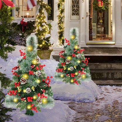 Juegoal Pre-Lit Pathway Christmas Trees - 30 Inch Artificial Urn Filler with 60 LED Lights, Red Berries & Pine Cones