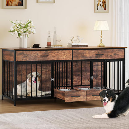 DWVO Double Dog Crate TV Stand with Dog Feeder, 74.8" Wooden Large Dog Kennel with Storage, Double Dog Crate Furniture for 2 Small Medium Dogs, Brown