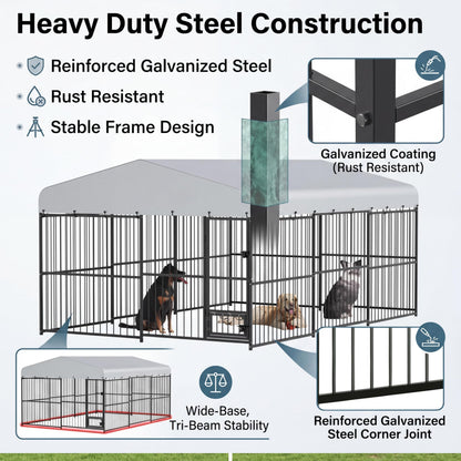 10x15 ft Outdoor Dog Kennel Heavy Duty Metal Dog Run Enclosure with Waterproof Cover & Feeding Door, Large Dog Kennel Outdoor with Lockable Gate for Backyard, Garden, Chicken Coop Run