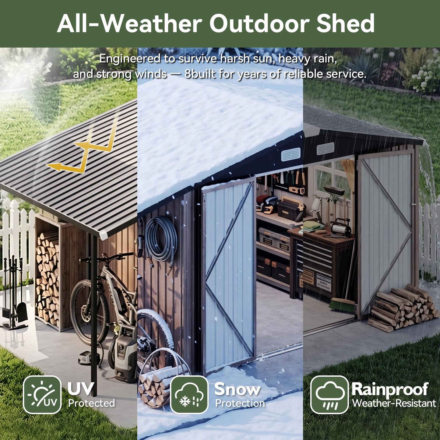 Aoxun 8x12 FT Outdoor Storage Shed with Open Firewood Storage,Galvanized Steel Garden Shed with Lockable Doors,Sloped Roof,Windows, 2 in 1 Large Metal Tool Shed for Patio, Backyard, Lawn (Brown)