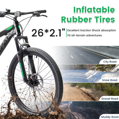 KIAPALNO 26 Inch Mountain Bike, Dual Full Suspension 21 Speed Womens Mens Mountain Bikes, Commuter Bike with Carbon Steel Frame and Dual Disc Brakes