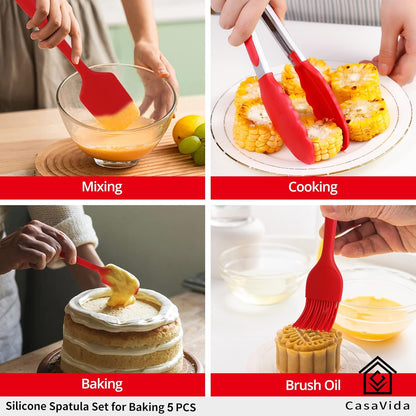 CasaVida 5pcs Silicone Spatula Set, Red High Heat Resistant Non Stick Kitchen Utensils for Baking