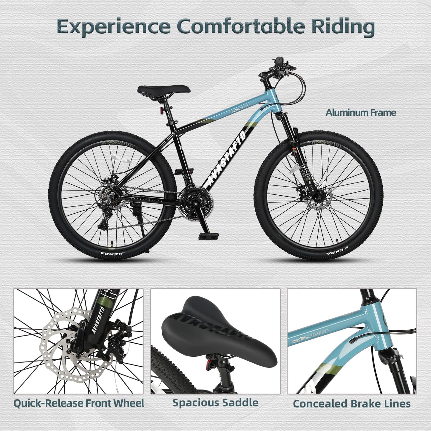AVASTA 26-inch Mountain Bike for Man Male and Woman Female Adult with Lightweight Aluminum Alloy Frame and Dual Disc Brakes,Front Suspension,21-Speed Gear Shifters,Hidden Brake Cables,Blue