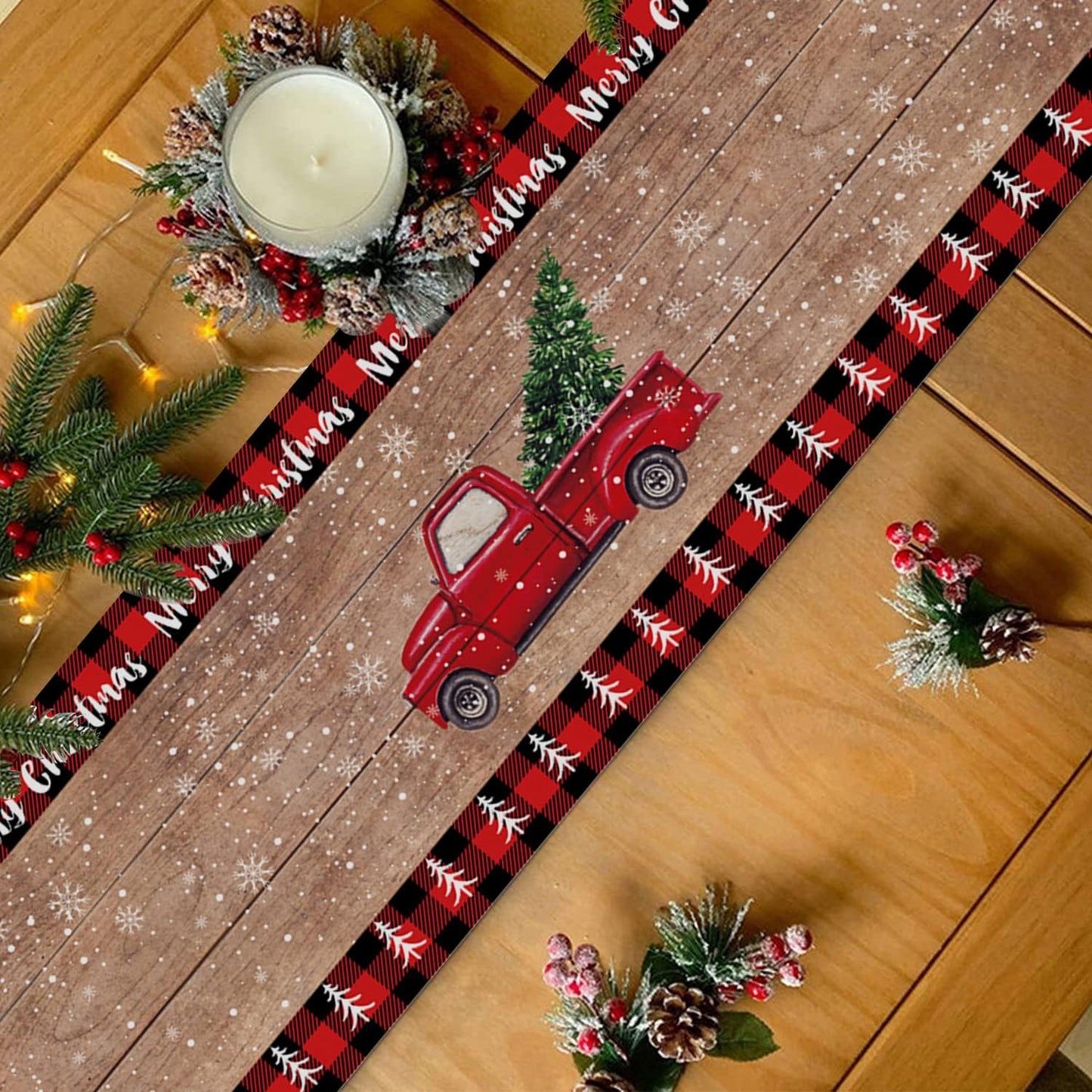 Christmas Table Runner 72 Inch Truck with Xmas Trees, Red Black Buffalo Plaid Cotton Linen for Holiday Party