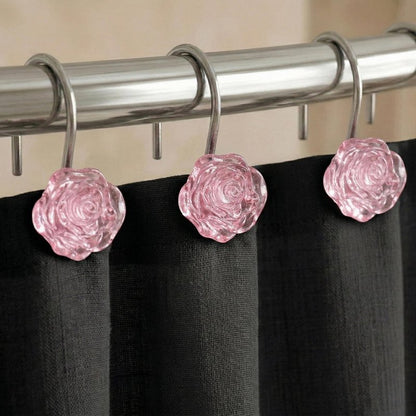 Pink Flower Shower Curtain Hooks: 12 Pcs Blush Crystal Ice Textured Decorative Rings for Floral Rose Leaf Plant Spring Shower Curtain - Cute Rustproof Hangers for Girls Bathroom & Valentines Day Decor