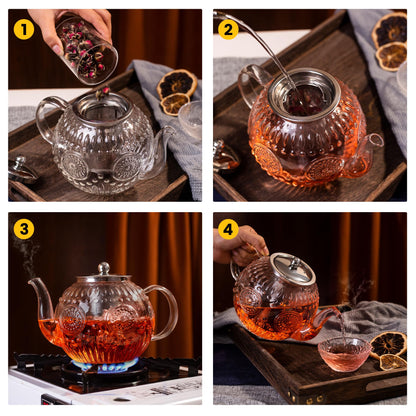 Amzcku 50OZ/1500ml Vintage Glass Teapot with Removable Infuser – Stovetop Safe, Borosilicate Glass Tea Kettle for Blooming & Loose Leaf Tea