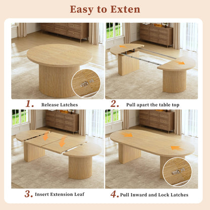 HUAHUU Extendable Round Dining Table for 4-8, 39in-77in Long Large Kitchen Table with Fluted Base, Space Saving Modern Farmhouse Oval Dinner Tables for Dining Room, Kitchen, Living Room, Natural