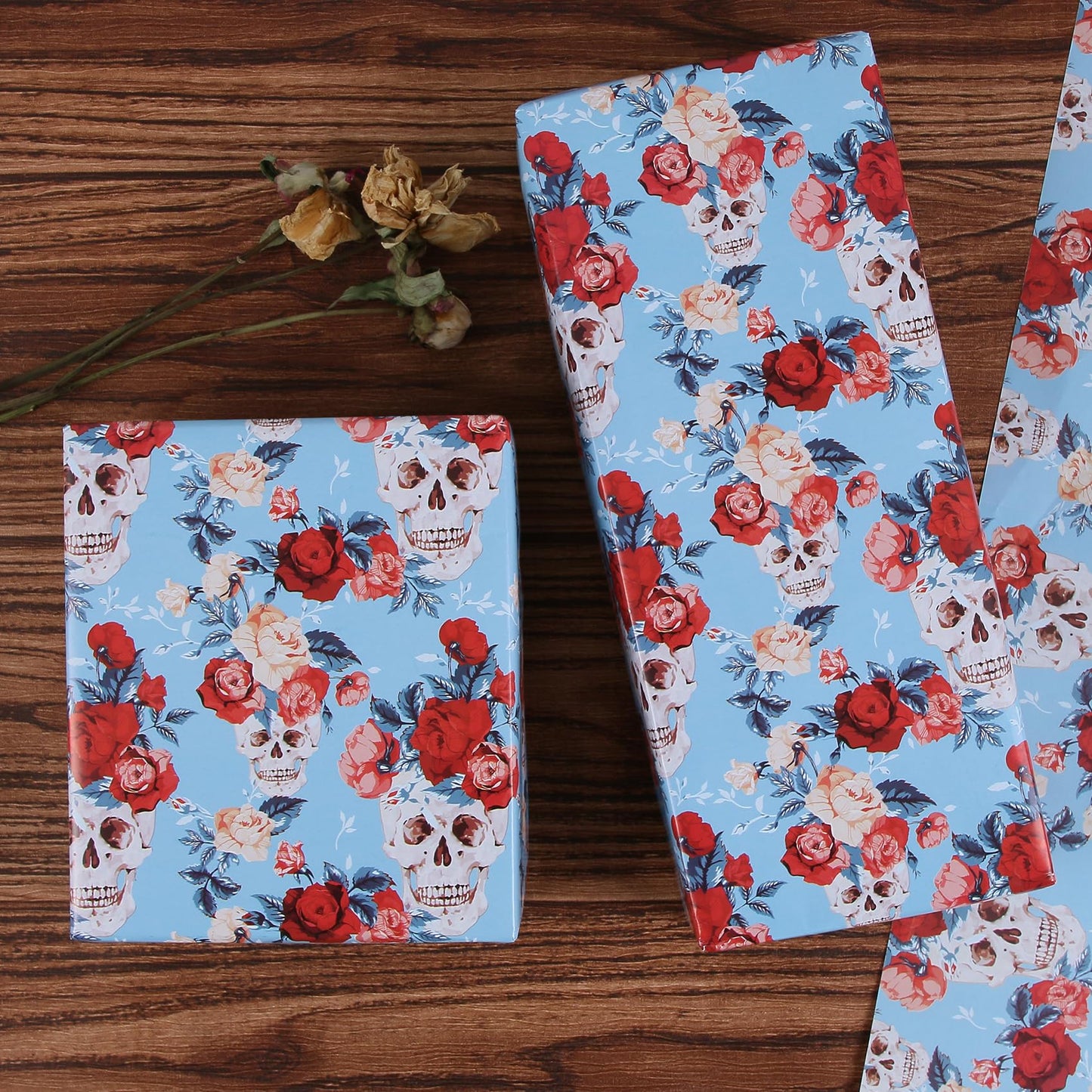 Aimyoo Blue Skull Floral Wrapping Paper Jumbo Roll 17 in x 60ft, Gothic Gift Wrap Paper for Halloween Wedding Bridal Shower