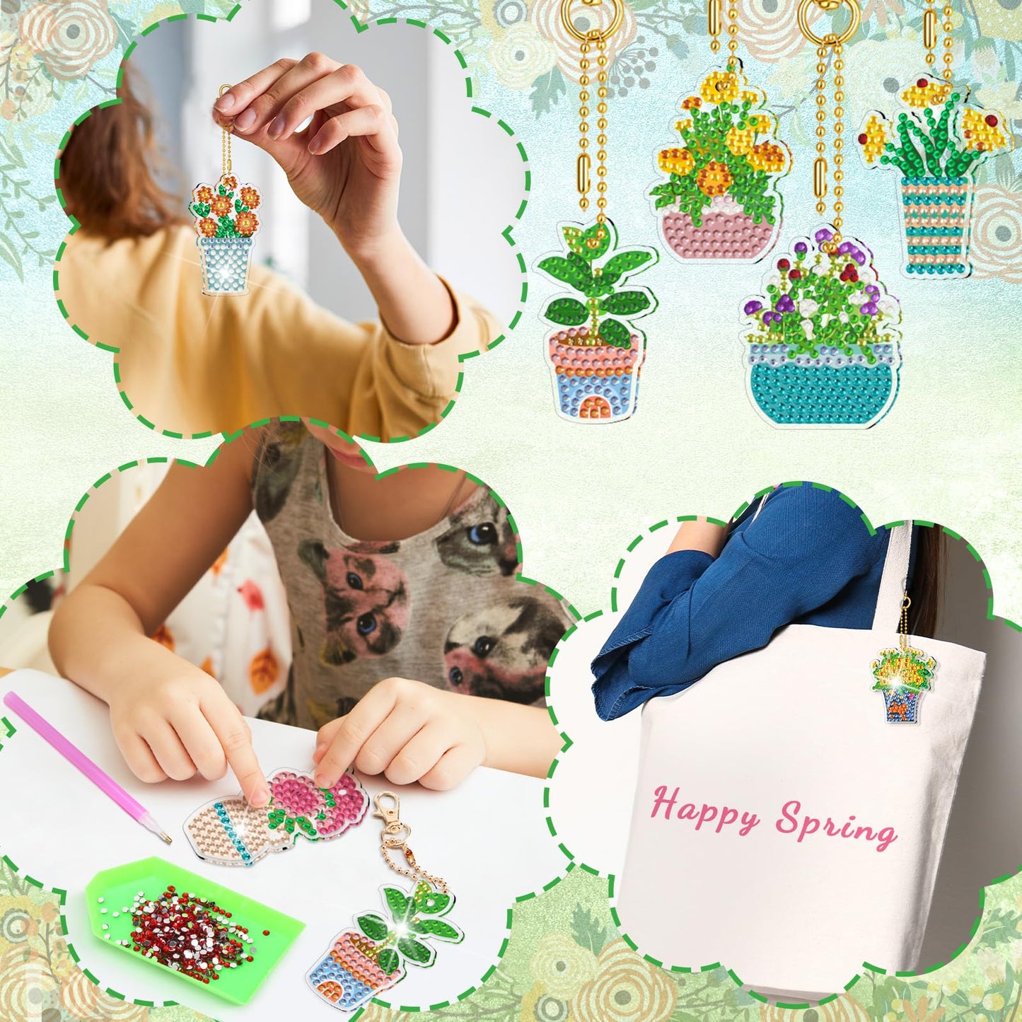 Huquary 60 Pcs Diamond Art Keychains Potted Plants Diamond Painting Keychain Kits for Adults Double Sided 5d Rhinestones Spring Hanging Key Chains Ornaments for Beginners DIY Crafts Party