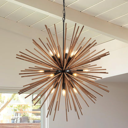 lighceac 37.4" Farmhouse Sputnik Chandelier for Dining Room Rustic Handmade Natural Wood 18-Light Hanging Ceiling Pendant Light Fixture Starburst Wood Chandeliers for Kitchen Bedroom Foyer Hallway
