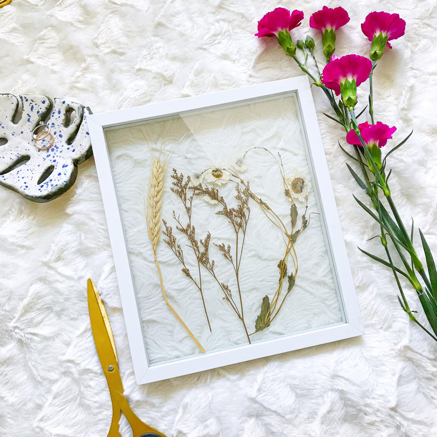 Fiwochic 4 Pack Pressed Flower Floating Picture Frames, 10, 8, 6, 5 Inch White Wooden Double Glass Pressed Flower Frames Wall Tabletop Display for Dried Flowers, Photos, Art, Birthday, Wedding Gift
