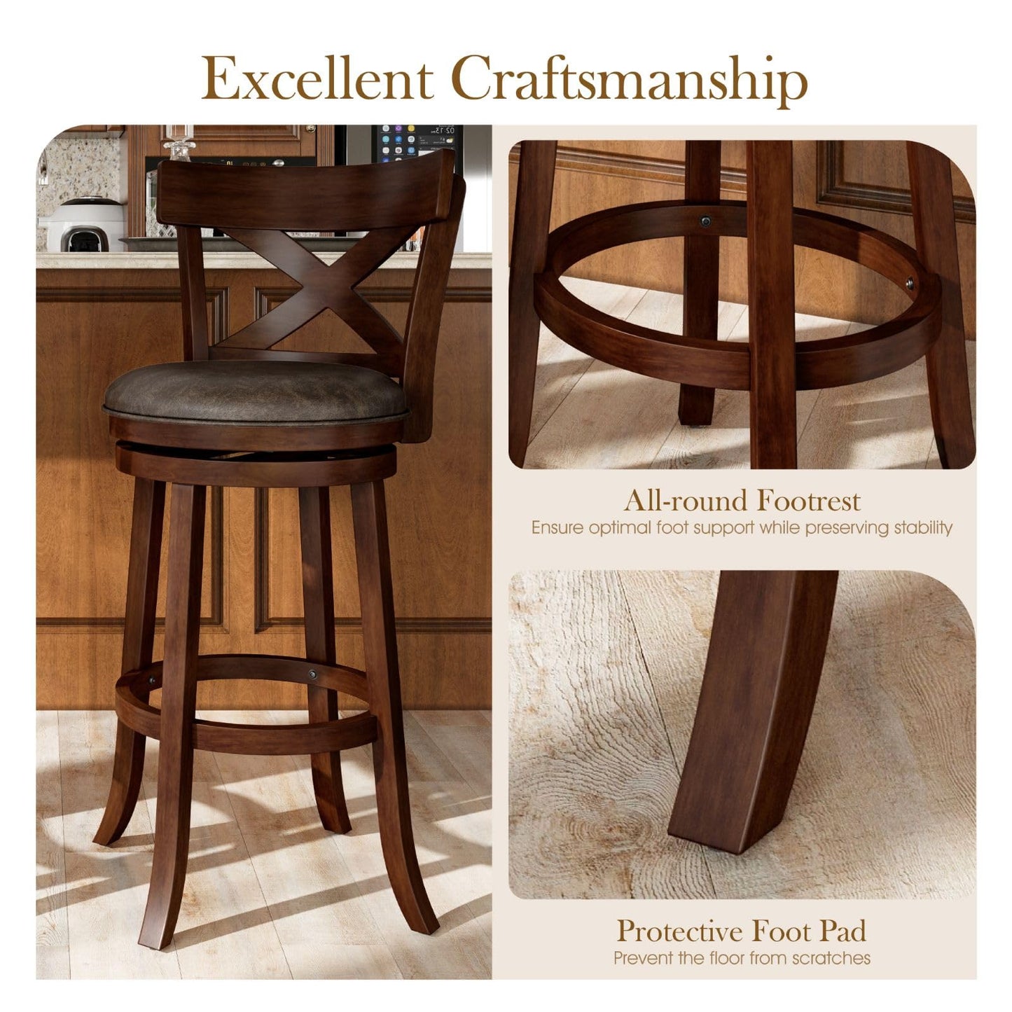 Sophia & William Swivel Bar Stools Set of 4, 30 Inch Bar Height Barstools with Cross Back & Solid Wood Legs,Faux Leather Kitchen Stools, Brown