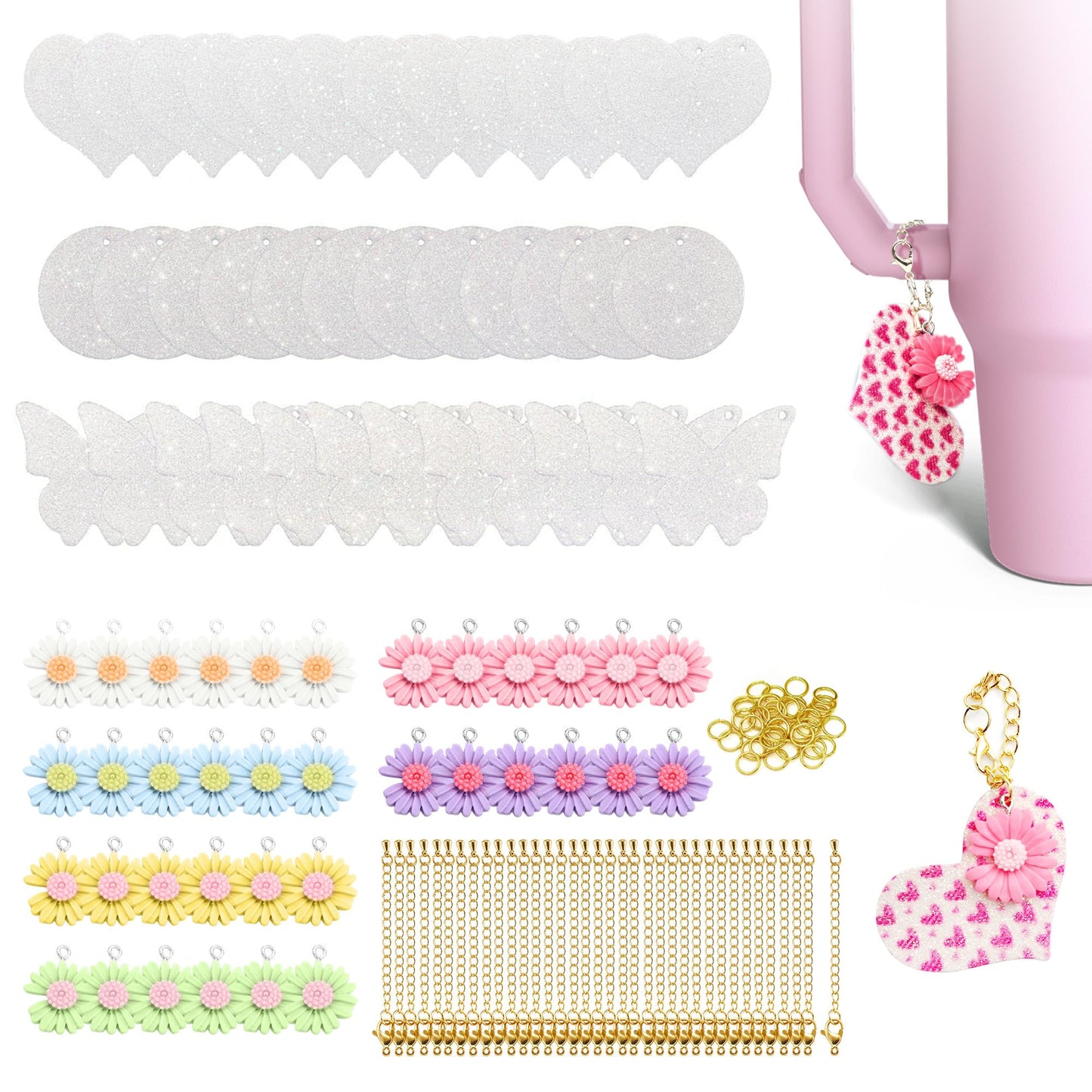 36 Sets Sublimation Blanks for Making Car Cup Charms, Tumbler Cup Accessories for DIY Heat Transfer Craft Gifts, Contains Glitter Blanks Daisy Charms Chains Jump Rings