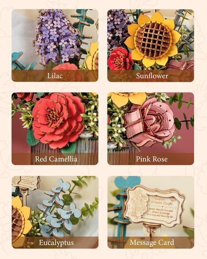 Rowood 3D Puzzles for Adults,DIY Wooden Flower Bouquet Building Set Craft Kit,Artificial Flower Botanical Collection,Mothers Day/Valentine's Day/Christmas/Birthday Gift for Women/Mom-TW01H