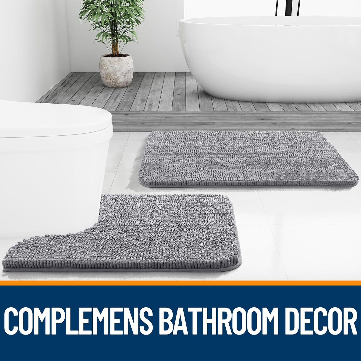 OLANLY Large Bath Rugs - Extra Soft Chenille, Quick-Dry & Machine Washable | 59x35 Inches, Grey