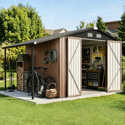 Aoxun 8x12 FT Outdoor Storage Shed with Open Firewood Storage,Galvanized Steel Garden Shed with Lockable Doors,Sloped Roof,Windows, 2 in 1 Large Metal Tool Shed for Patio, Backyard, Lawn (Brown)