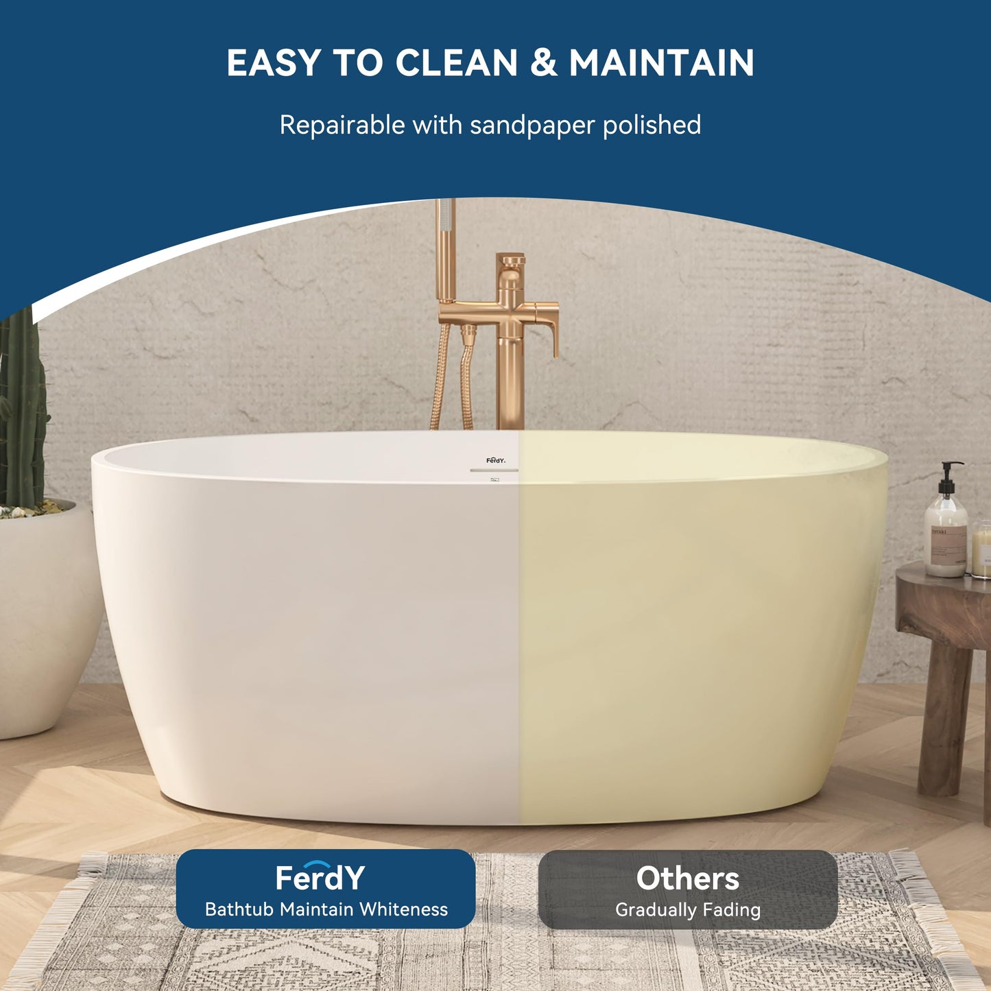 FerdY Tahiti 55" Acrylic Freestanding Bathtub, Elegant Oval Shape Soaking Bathtub, Glossy White, Brushed Nickel Drain & Integrated Slotted Overflow Assembly Included cUPC Certified