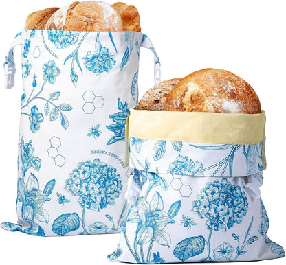 Yolysudo 2 Pack 17''x 13" Reusable Vintage Floral Beeswax Bread Bags for Sourdough, Large Beeswax-Lined Cotton Homemade