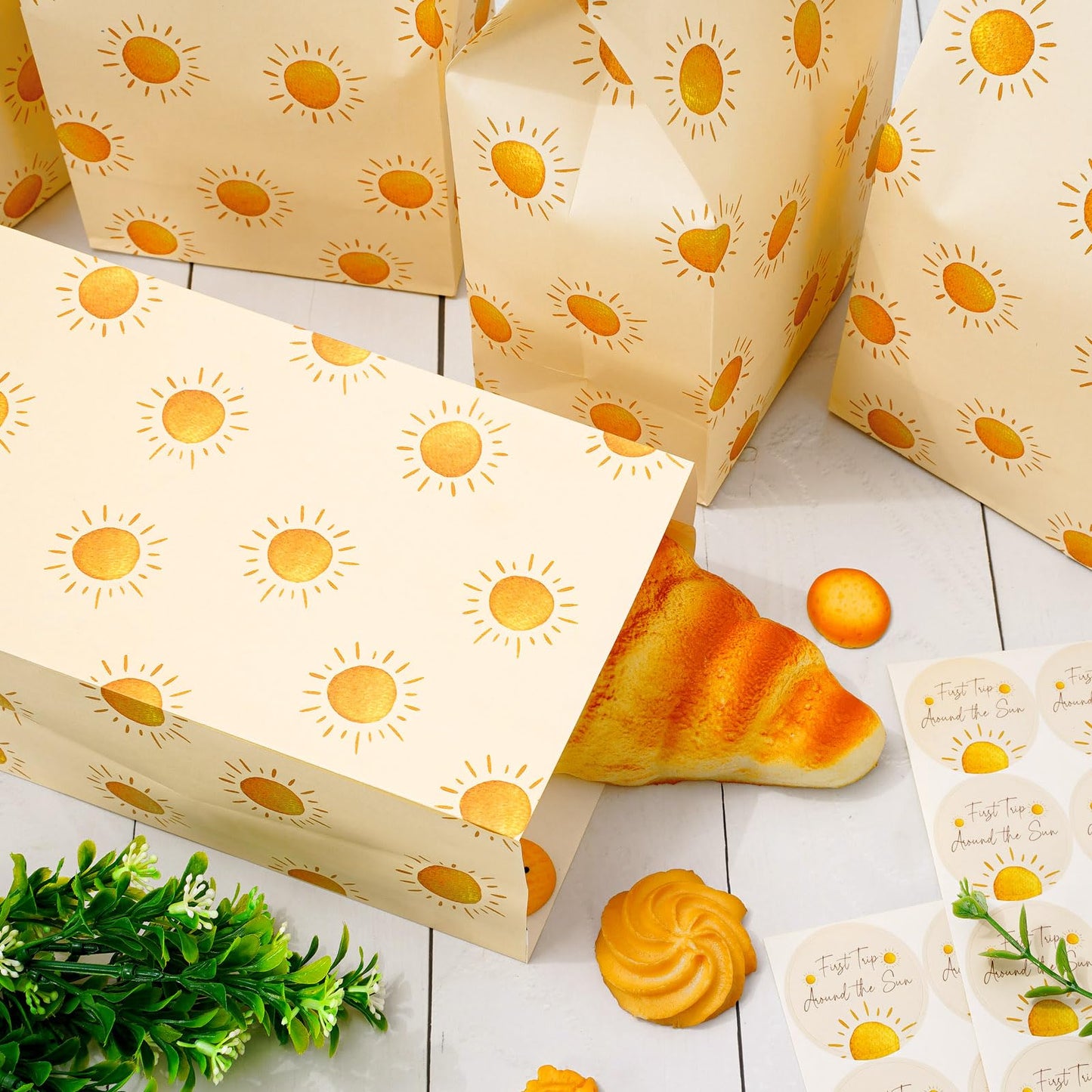 Whaline 24Pcs Boho Sun Party Favor Bags Baby Shower Paper Gift Bag with Tag Stickers First Trip Around the Sun Treat Candy Goodie Bags for Birthday Party Supplies, 4.7 x 3.1 x 8.7 Inch