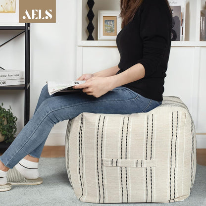 18"x18"x18", AELS Unstuffed Farmhouse Pouf Cover for Living Room, Boho Storage Bean Bag Cubes, Beige with Black Stitch