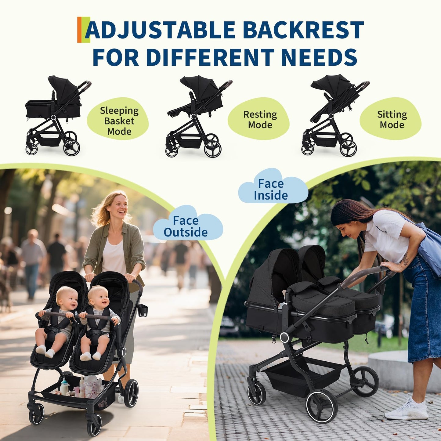 Double Stroller for Twins, Lightweight Side by Side Baby Stroller for Infant & Toddler, High Landscape Double Seat, One-Click Stroller with Adjustable Canopy, Reclining Seats & 5-Point Harness