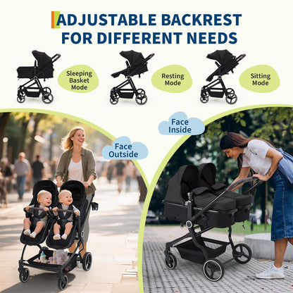 Double Stroller for Twins, Lightweight Side by Side Baby Stroller for Infant & Toddler, High Landscape Double Seat, One-Click Stroller with Adjustable Canopy, Reclining Seats & 5-Point Harness