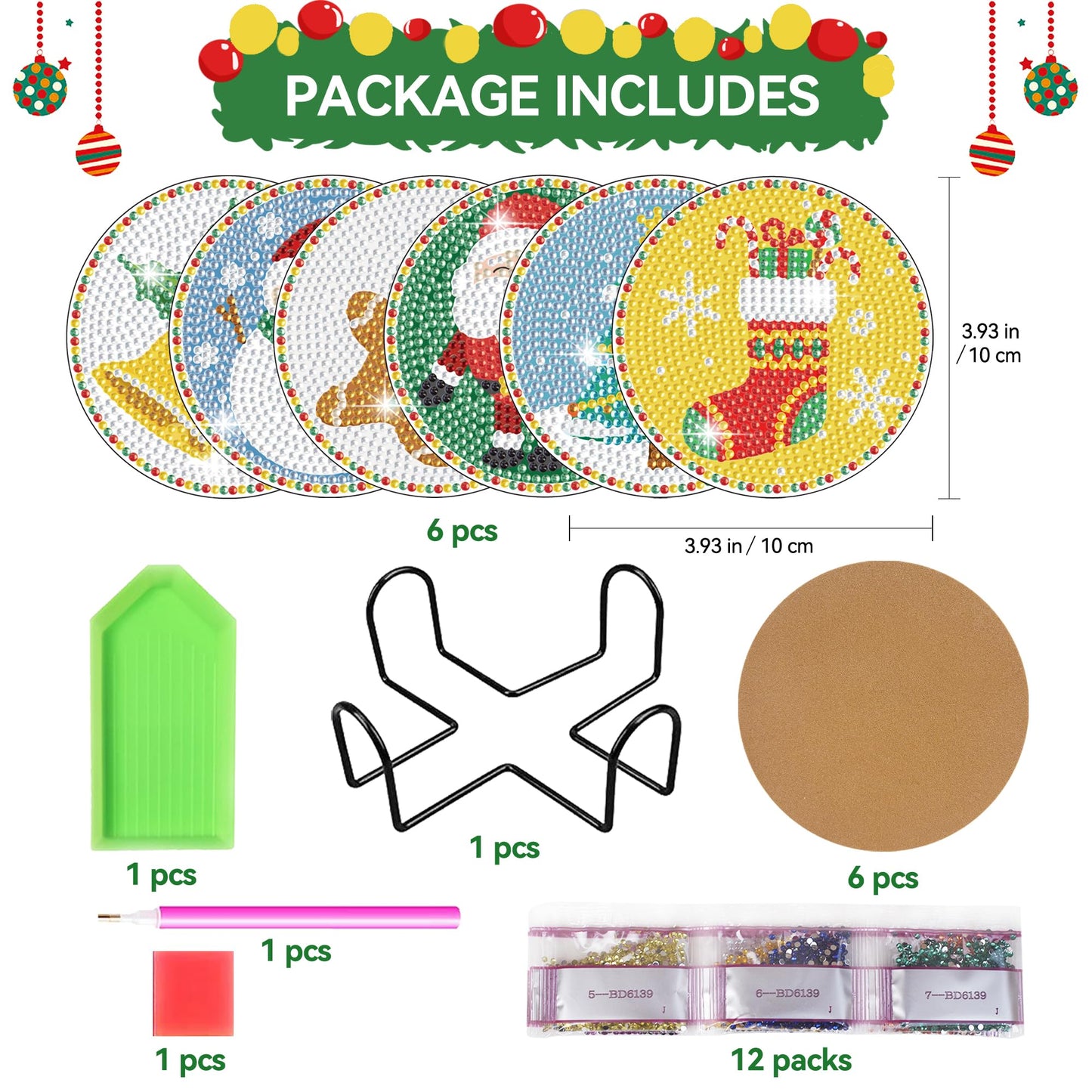 Vcekract Christmas Diamond Art Kits, 6PCS Christmas Diamond Painting Coasters with Holder, Diamond Art Kits for Adults