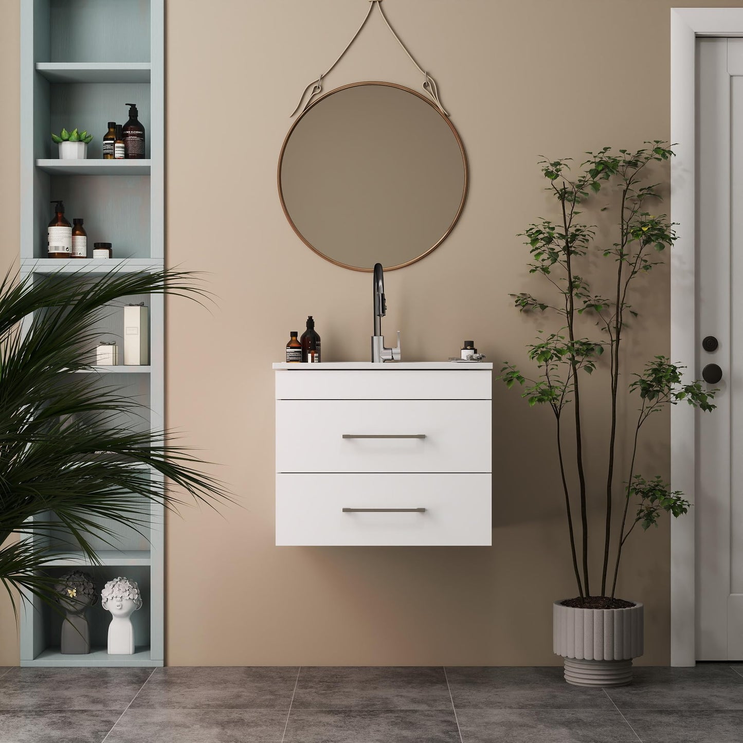 KEIKI 24" Gloss Wall-Mounted Bathroom Vanity with Ceramic Sink, Double Soft-Close Drawers, Modern Minimalist Design