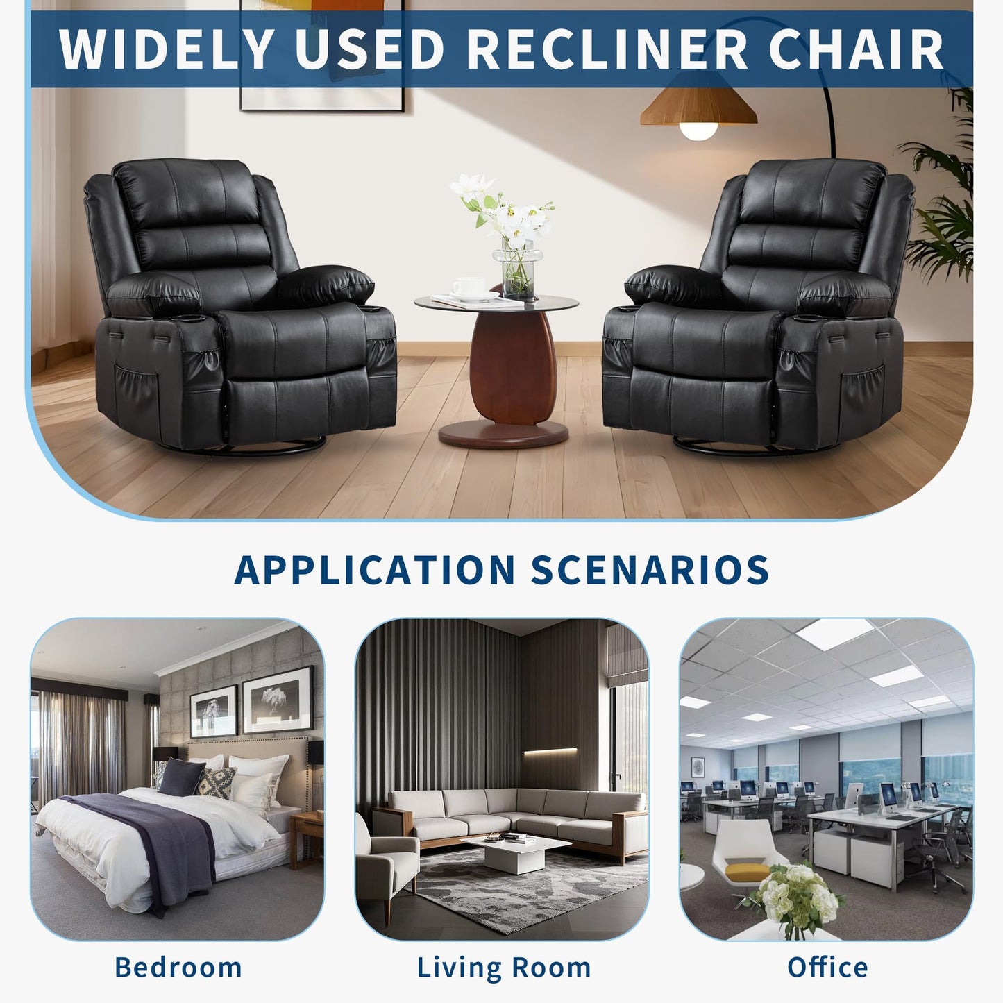Rocking Recliner Chair for Adults Wide 360° Swivel Rocker Recliner with Cup Holder Nursery Glider with Upholstered Deep Seat PU Leather Comfy Single Sofa for Living Room Black