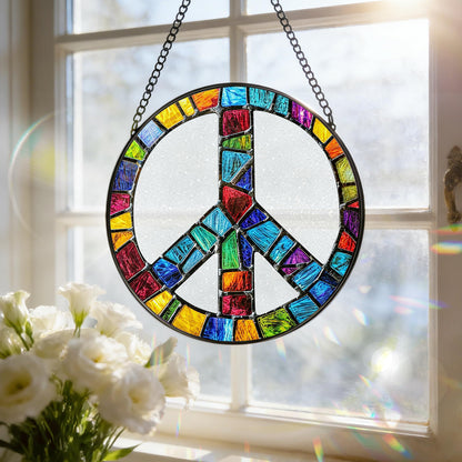 Stained Glass Window Hanging, 7.8 Inch Peace Sign Hippie Stained Glass Suncatcher Ornament, Suncatchers for Windows Hanging, Peace Symbol Decor, Hippie Gifts, Christmas Birthday Gifts for Women