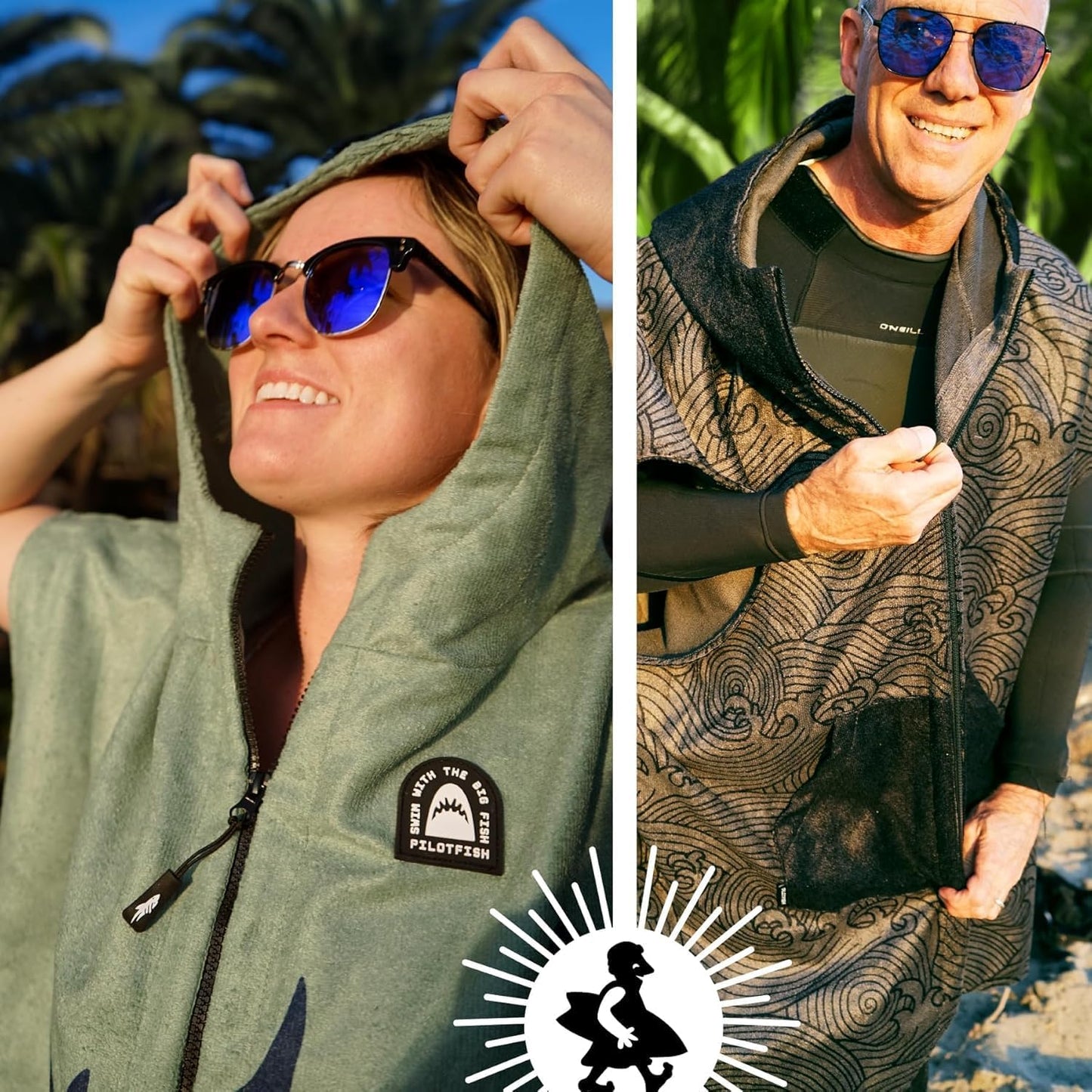Swimming 2 Pilotfish Surf Poncho Changing Robe Towel - Hooded, Zippered Towel Poncho for Beach, Surfing, | Front
