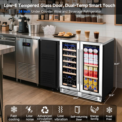 BODEGA 24 Inch Wine and Beverage Refrigerator, Dual Zone Wine and Bar Beverage Cooler, Commercial Black Bar Cooler With 2 Glass Doors, Bar Fridge Hold 19 Bottles and 57 Cans,Built-In or Freestanding.