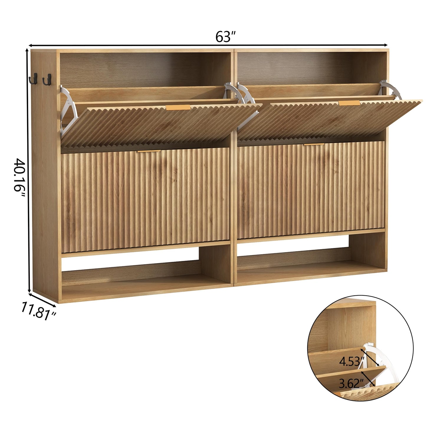 GarveeHome Set of 2 Fluted Shoe Cabinets for Entryway, Slim Freestanding Shoe Storage with Flip Drawers, Open Shelf & Side Hooks, Narrow Shoe Organizer Cabinets for Hallway or Family Entryway, Oak