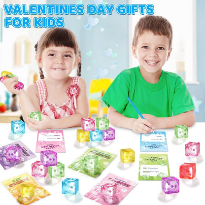 Valentines Day Cards Gifts for Kids School, 24 Pack Snow Cube Squeeze Balls with Greeting Cards for Kids Classroom Exchange Prizes, Stretchy Toy Balls Bulk Gift, Squeeze Fidget Toy for Party Favors