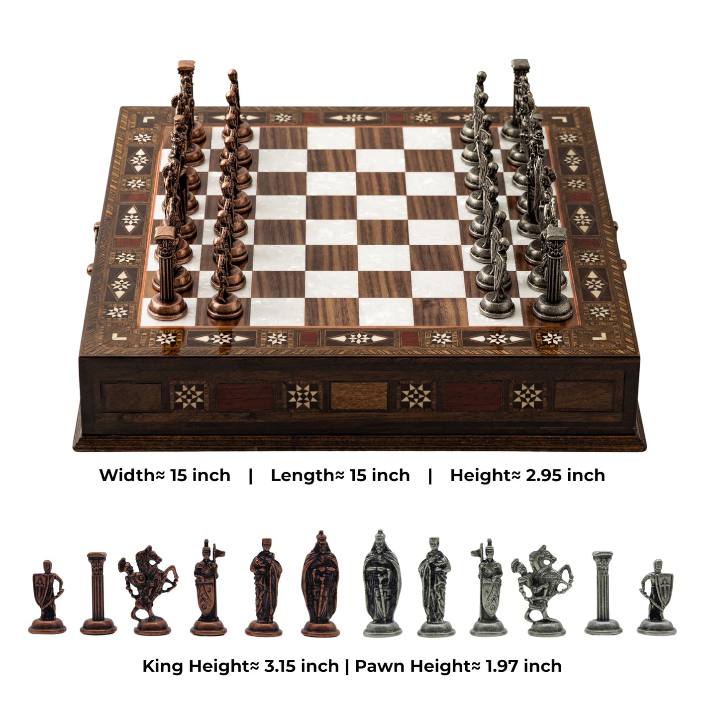 15’’ Handmade Walnut Wooden Chess Set – British Style Metal Chess Pieces – Luxury Storage Chess Board for Adults & Gift for Dad (Walnut)