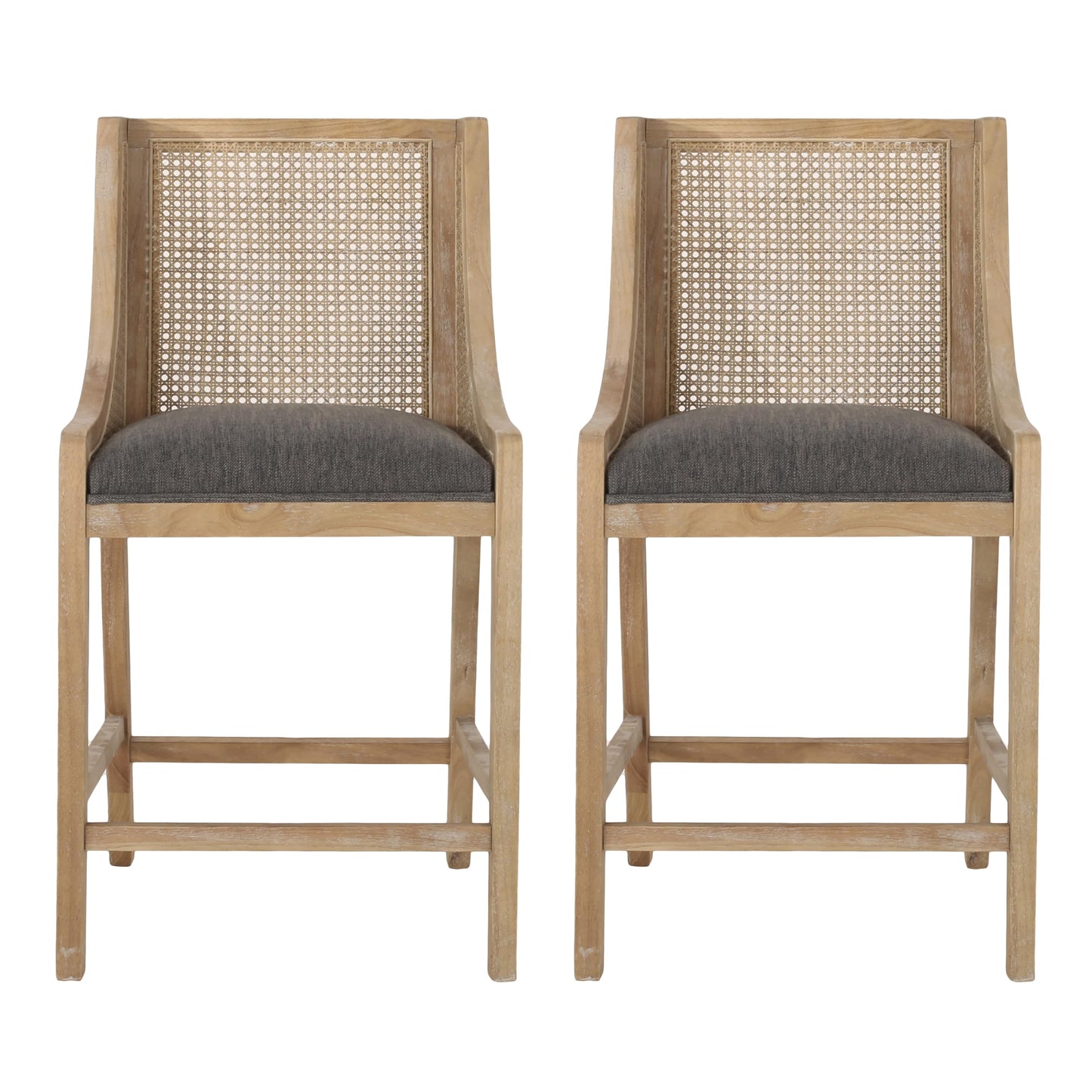 Merax 25.5" Fabric Upholstered Wood and Cane Counter Stools with Backrest,Set of 2,French Country Barstools Chair