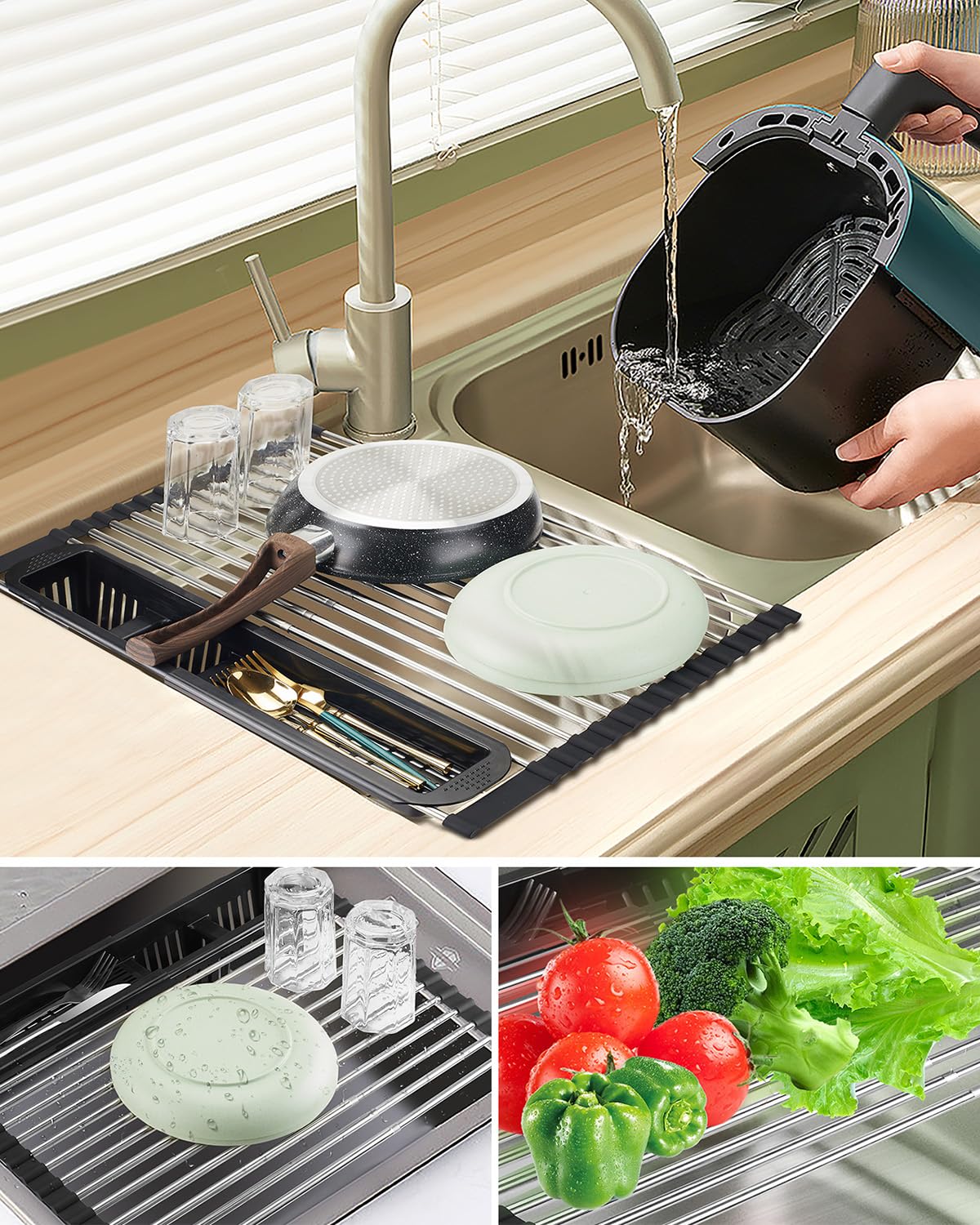 CLNGAI Roll Up Dish Drying Rack,Expandable Over The Sink Dish Drainer,Stainless Steel Kitchen Rolling Sink Rack with Utensil Holder,Length Up to 22.3" (Black)