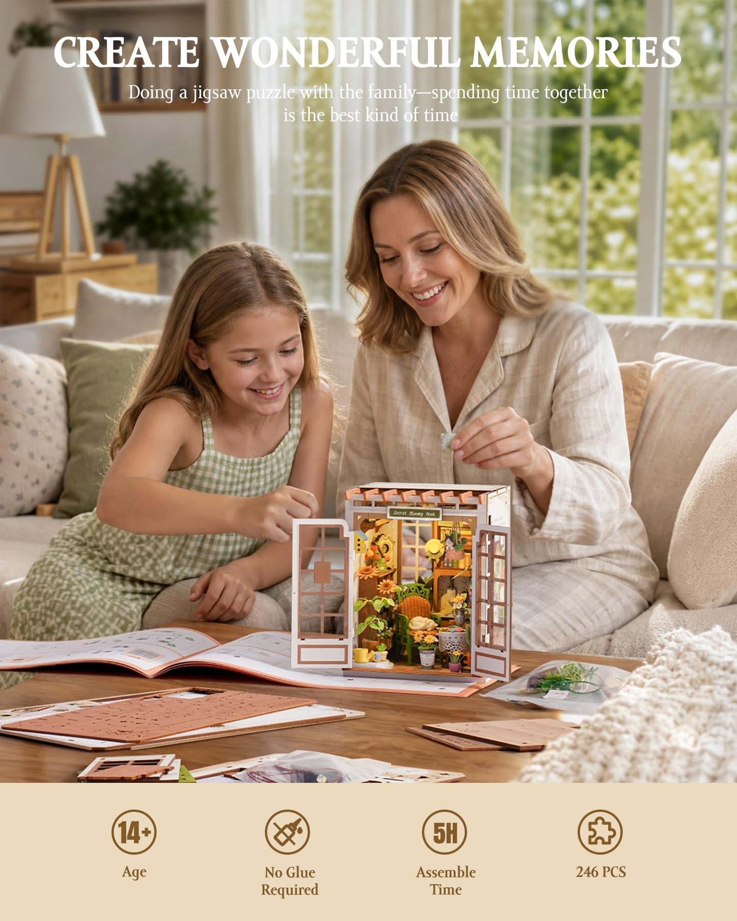 Rolife DIY Book Nook Kit Secret Bloomy Nook, Secret Garden Floral Theme 3D Wooden Puzzle, Plant & Flower Decor for Bookshelf, Creative Gift for Plant Lovers