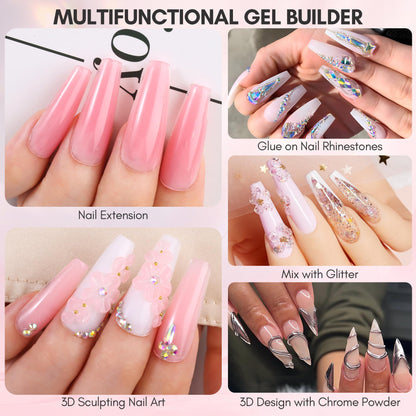 Makartt Clear Gel Builder Kit: Self-Levelling, Long Lasting Extension Hard Gels for Strengthener, Broken Nails Repair Gel Kit with Paper Forms, Dual forms, Nail File and Dual-End Brush 1.06 oz