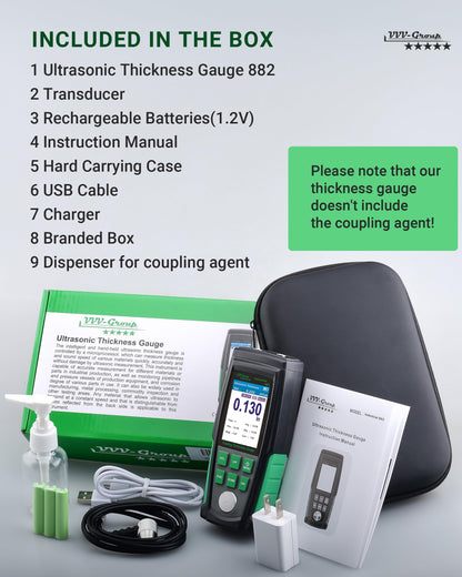 Ultrasonic Thickness Gauge Industrial-882 – Metal Thickness Tester for Steel, Pipes and Industrial Materials, 0.039–8.858 in (1–225 mm) Range, Color LCD, Auto Calibration, Handheld Thickness Tester