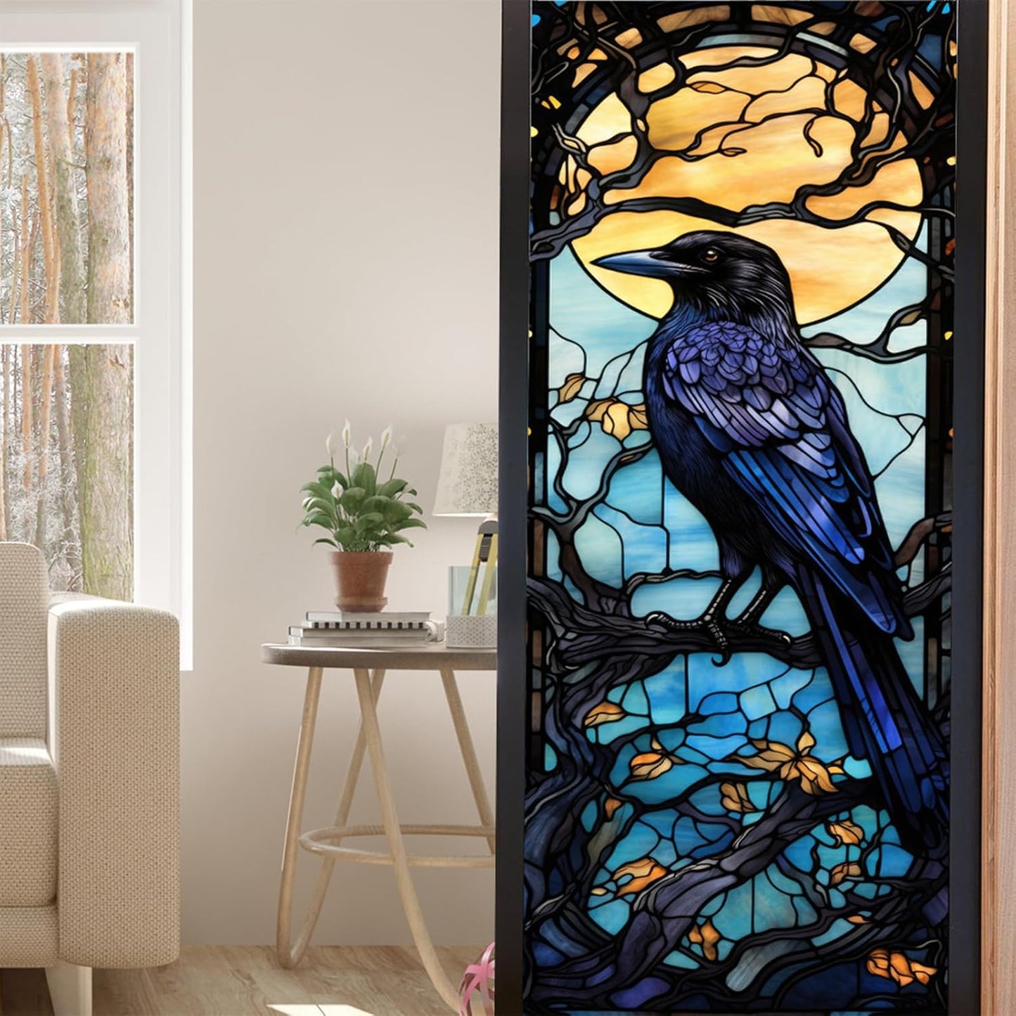 Window Privacy Film, Crow Stained Glass Window Film, Frosted Glass Cling, Heat Blocking Static Cling, 17.7"x39.5"