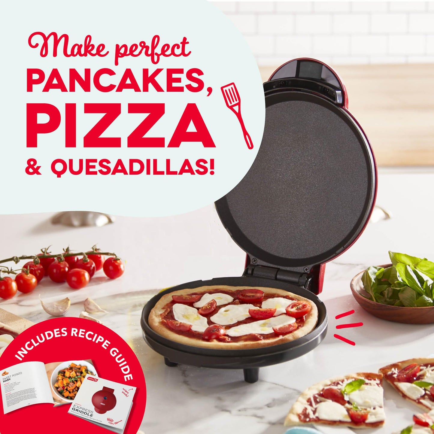 Dash Round Express Electric - Pancake Maker & Eggs Griddle System - Healthy Breakfast Maker - Quick Heat-Up & Easy Cleanup - nonstick surface - Red