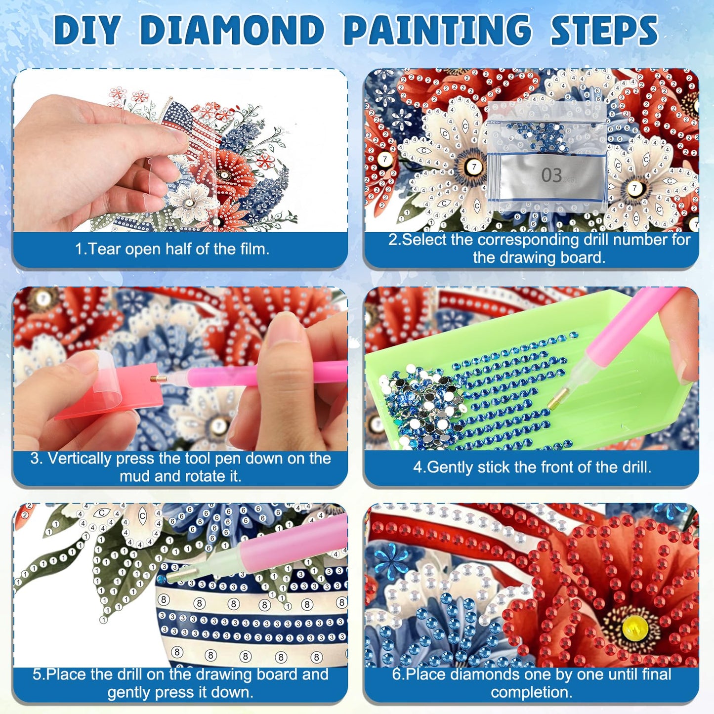 DOMROM 4th of July Diamond Art Hanging Kits, Patriotic Flower Vase Diamond Painting, Special Shaped Gem Art Suncatchers Ornament, American Flag Independence Day Decor for Home Window Wall