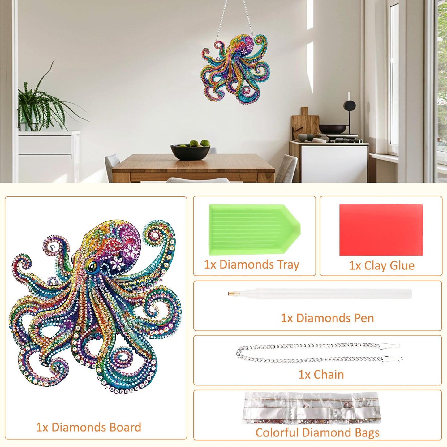 SENQAO Octopus Diamond Art Hanging Kit for Adult, Special Shaped Rhinestone, DIY Acrylic 5D Diamond Art Painting Window Pendants Home Garden Wall Hanging Kits Hanging Ornament